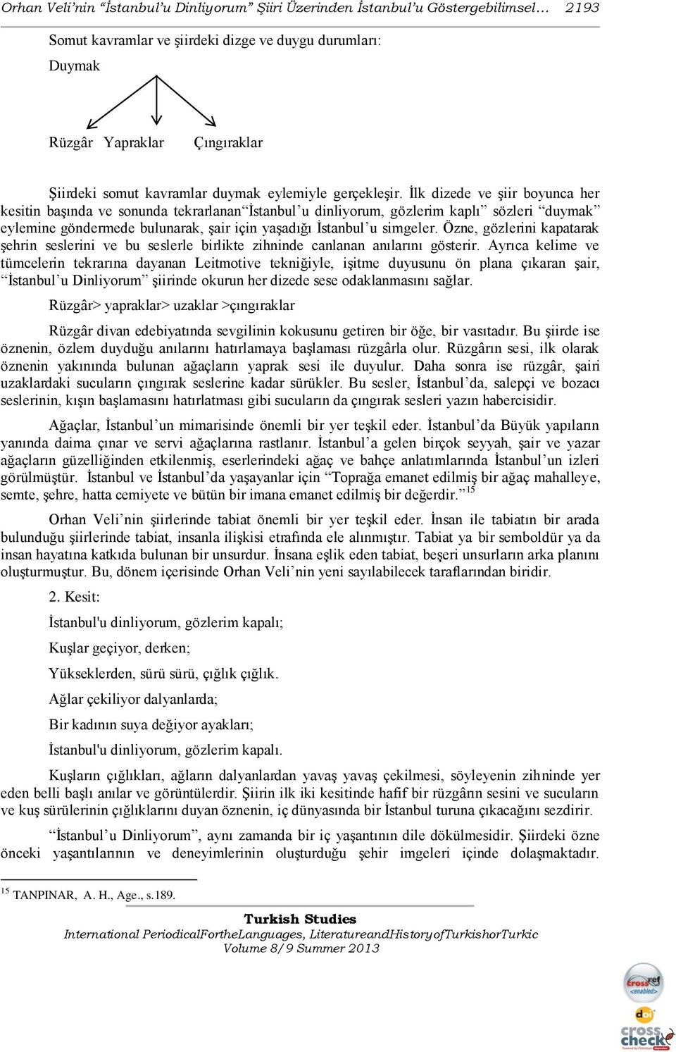 Ġlk dizede ve Ģiir boyunca her kesitin baģında ve sonunda tekrarlanan Ġstanbul u dinliyorum, gözlerim kaplı sözleri duymak eylemine göndermede bulunarak, Ģair için yaģadığı Ġstanbul u simgeler.