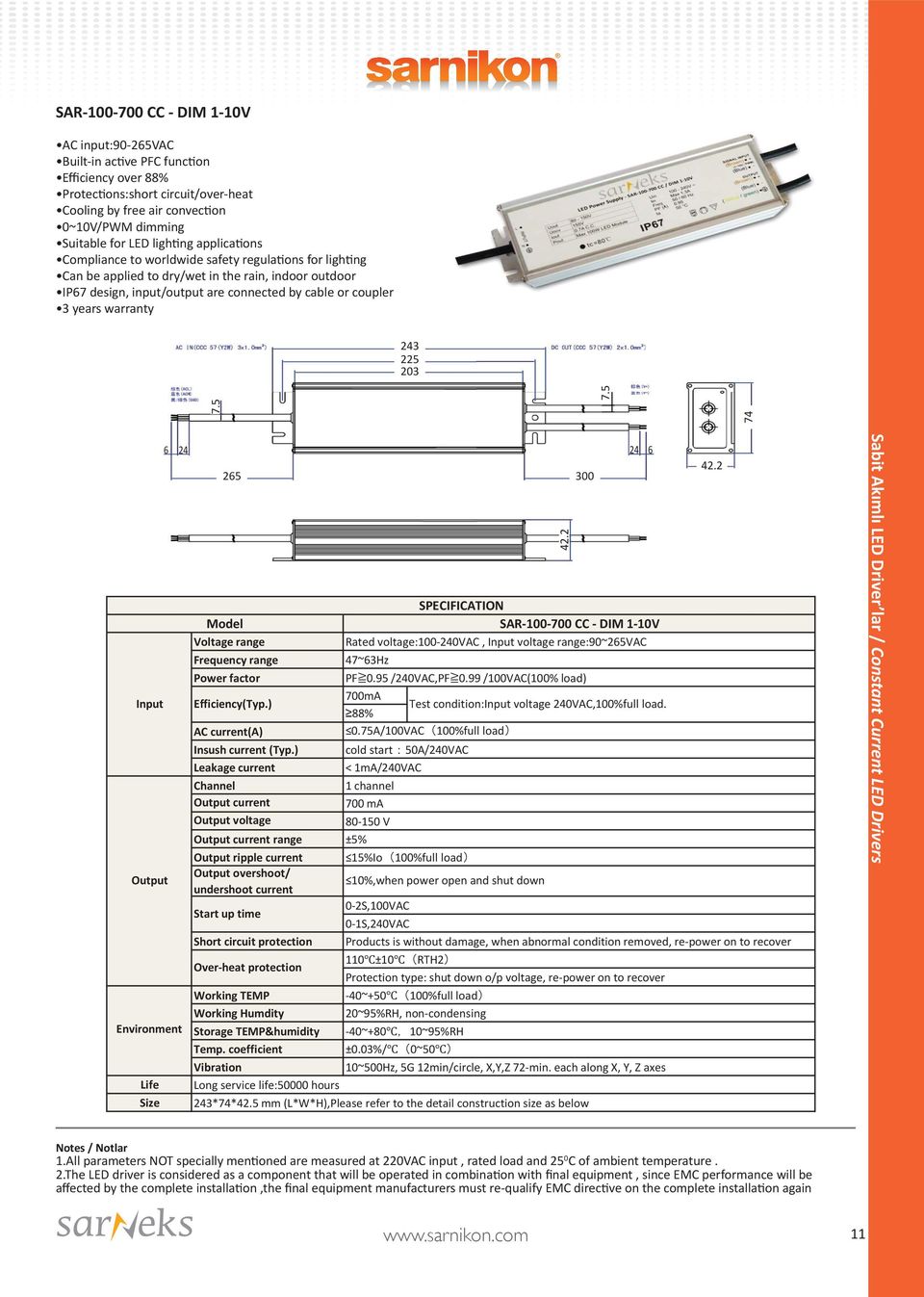warranty 243 225 203 74 Input Life Size 6 Output Environment 24 24 6 265 Model Voltage range Frequency range Power factor Efficiency(Typ.) AC current(a) Insush current (Typ.
