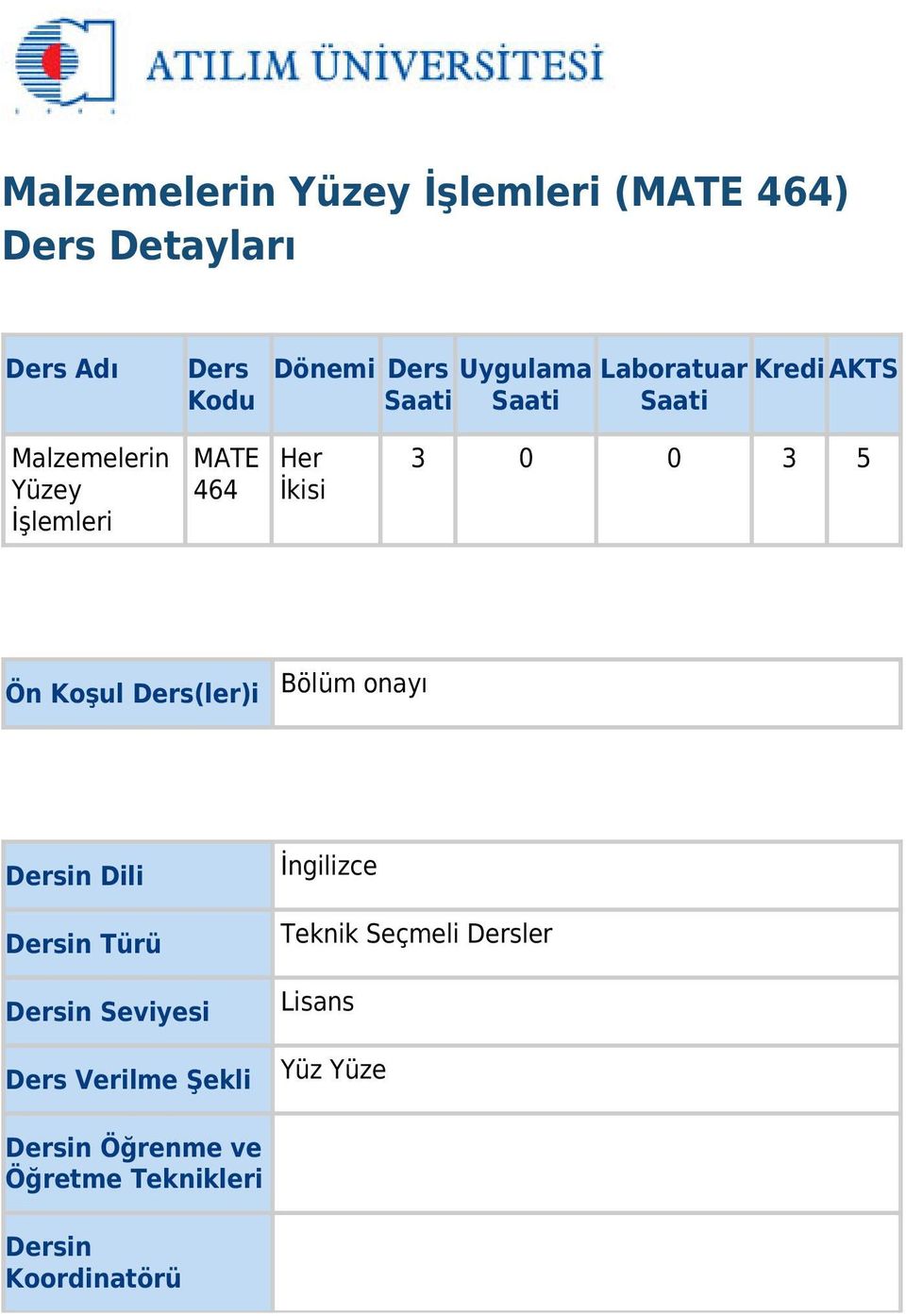 Ön Koşul Ders(ler)i Bölüm onayı Dersin Dili Dersin Türü Dersin Seviyesi Ders Verilme Şekli