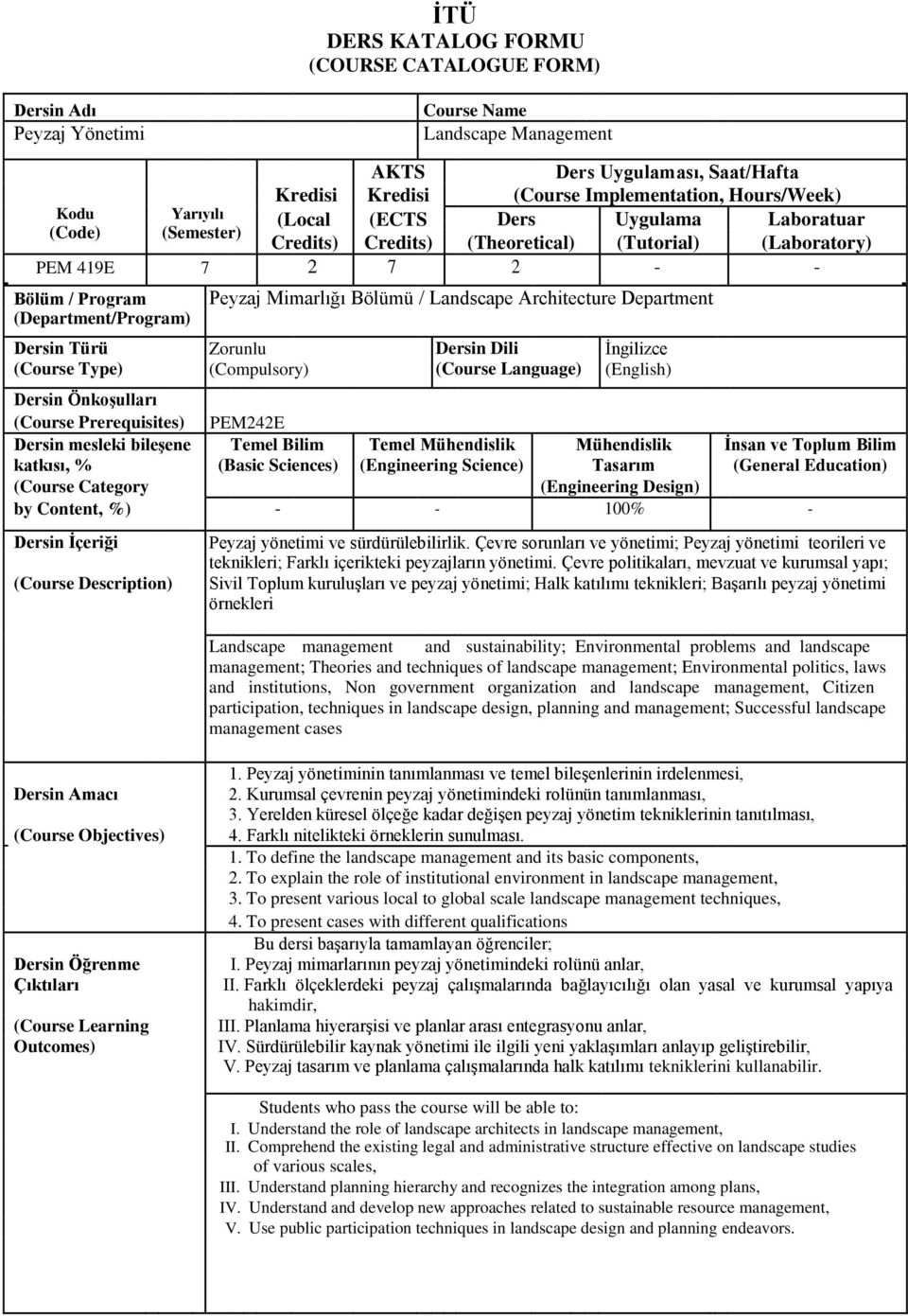 / Landscape Architecture Department Dersin Türü Zorunlu Dersin Dili İngilizce (Course Type) (Compulsory) (Course Language) (English) Dersin Önkoşulları (Course Prerequisites) PEM242E Dersin mesleki