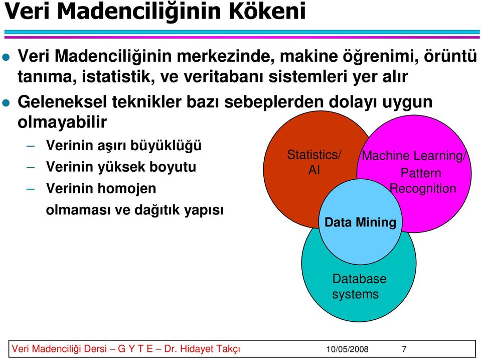 büyüklüğü Verinin yüksek boyutu Verinin homojen olmaması ve dağıtık yapısı Statistics/ AI Data Mining