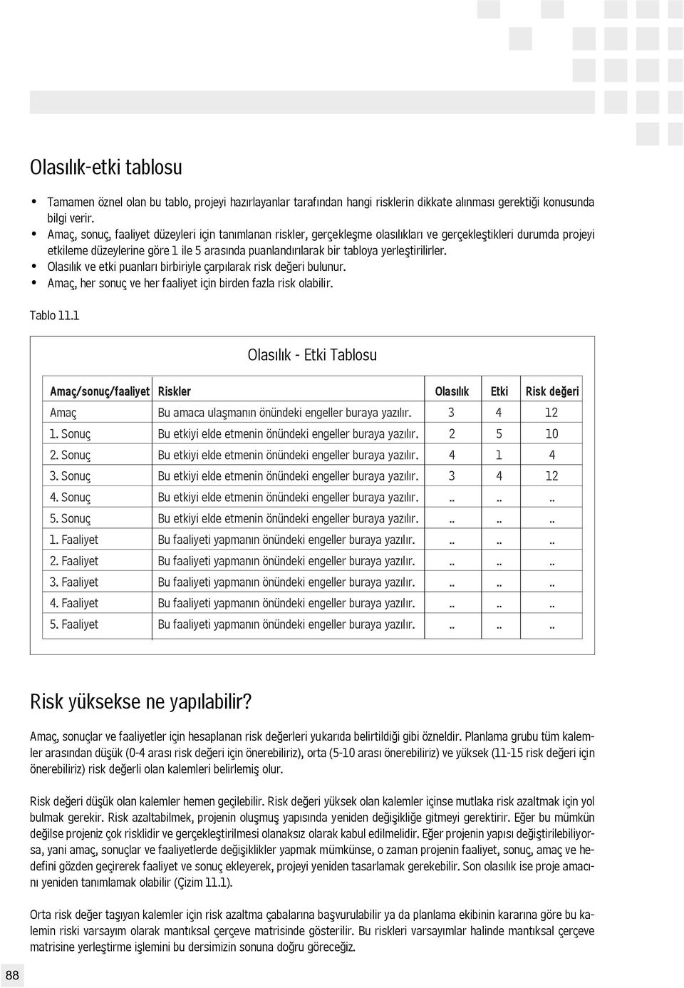 yerlefltirilirler. Olas l k ve etki puanlar birbiriyle çarp larak risk de eri bulunur. Amaç, her sonuç ve her faaliyet için birden fazla risk olabilir. Tablo 11.