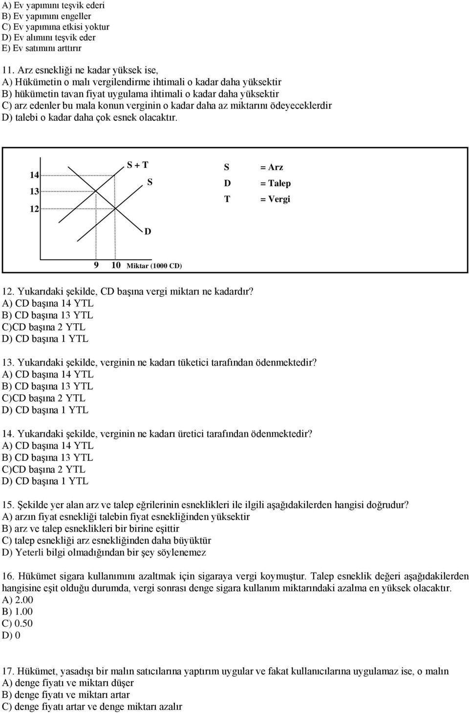 verginin o kadar daha az miktarını ödeyeceklerdir ) talebi o kadar daha çok esnek olacaktır. 14 13 12 + T T = Vergi 9 10 Miktar (1000 C) 12. Yukarıdaki şekilde, C başına vergi miktarı ne kadardır?