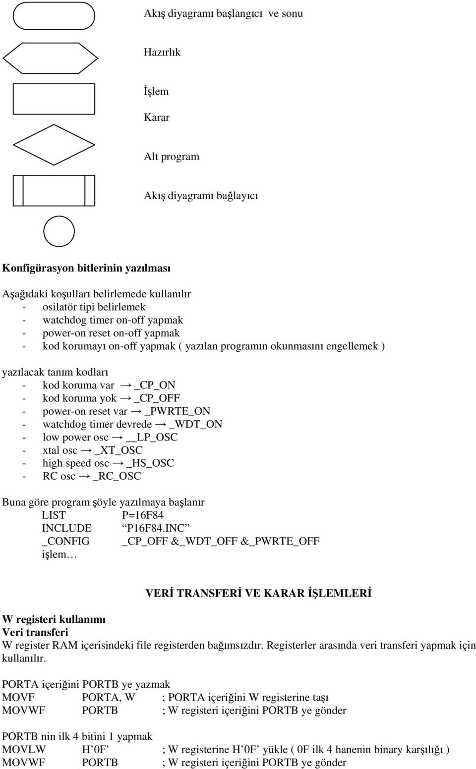 _PWRTE_ON - watchdog timer devrede _WDT_ON - low power osc LP_OSC - xtal osc _XT_OSC - high speed osc _HS_OSC - RC osc _RC_OSC Buna göre program şöyle yazılmaya başlanır _CONFIG _CP_OFF &_WDT_OFF