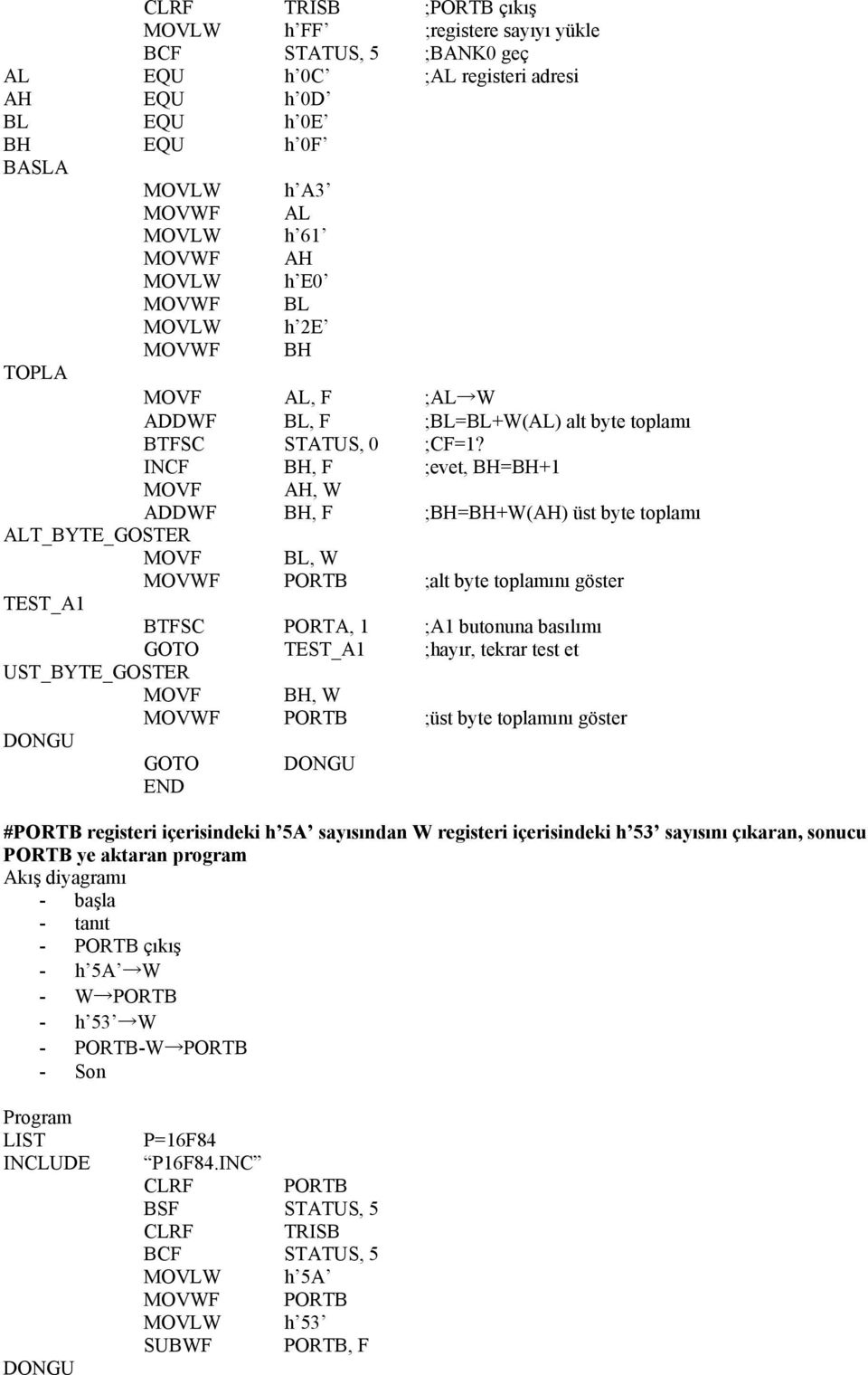 INCF BH, F ;evet, BH=BH+1 MOVF AH, W ADDWF BH, F ;BH=BH+W(AH) üst byte toplamı ALT_BYTE_GOSTER MOVF BL, W MOVWF PORTB ;alt byte toplamını göster TEST_A1 BTFSC PORTA, 1 ;A1 butonuna basılımı GOTO