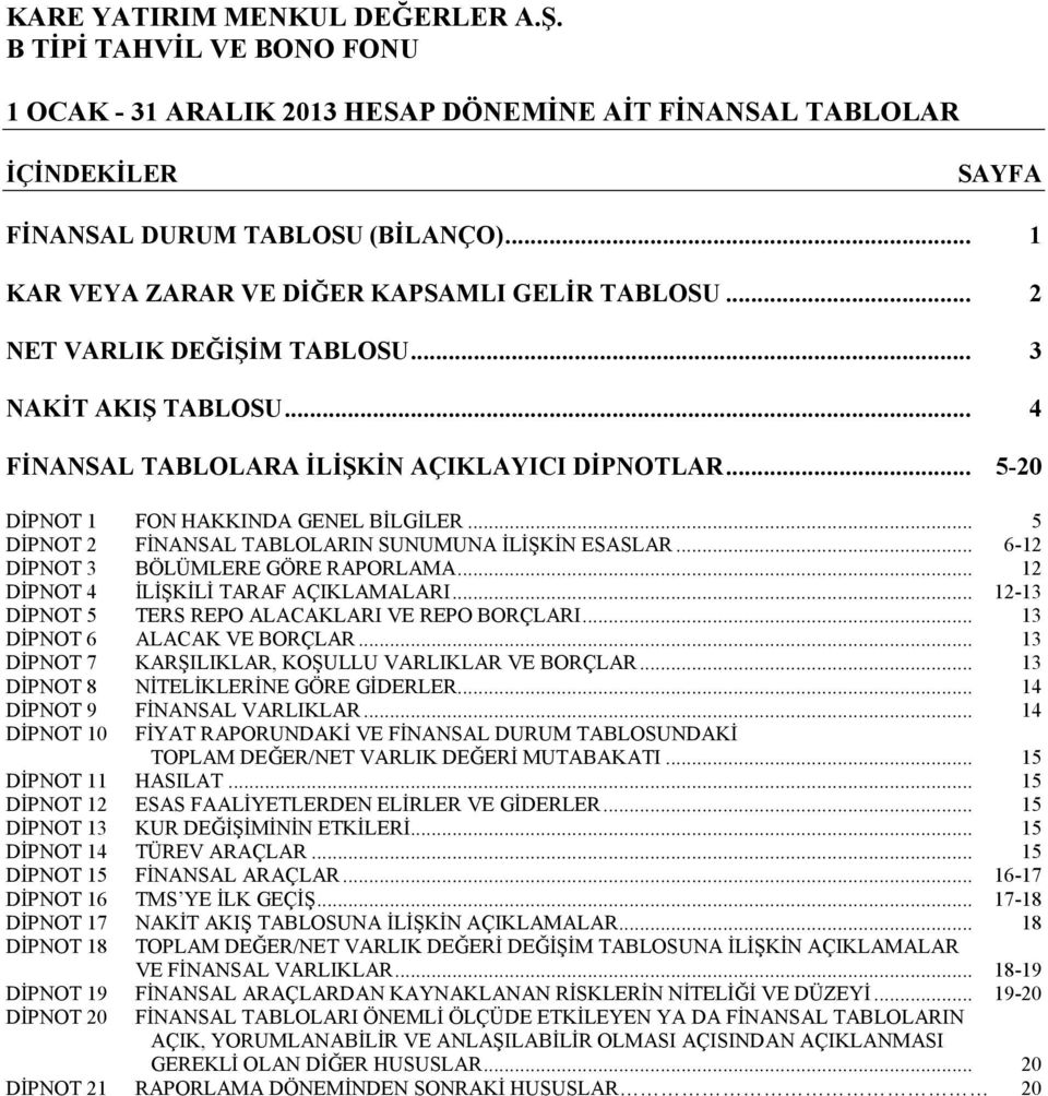 .. 12 DİPNOT 4 İLİŞKİLİ TARAF AÇIKLAMALARI... 12-13 DİPNOT 5 TERS REPO ALACAKLARI VE REPO BORÇLARI... 13 DİPNOT 6 ALACAK VE BORÇLAR... 13 DİPNOT 7 KARŞILIKLAR, KOŞULLU VARLIKLAR VE BORÇLAR.