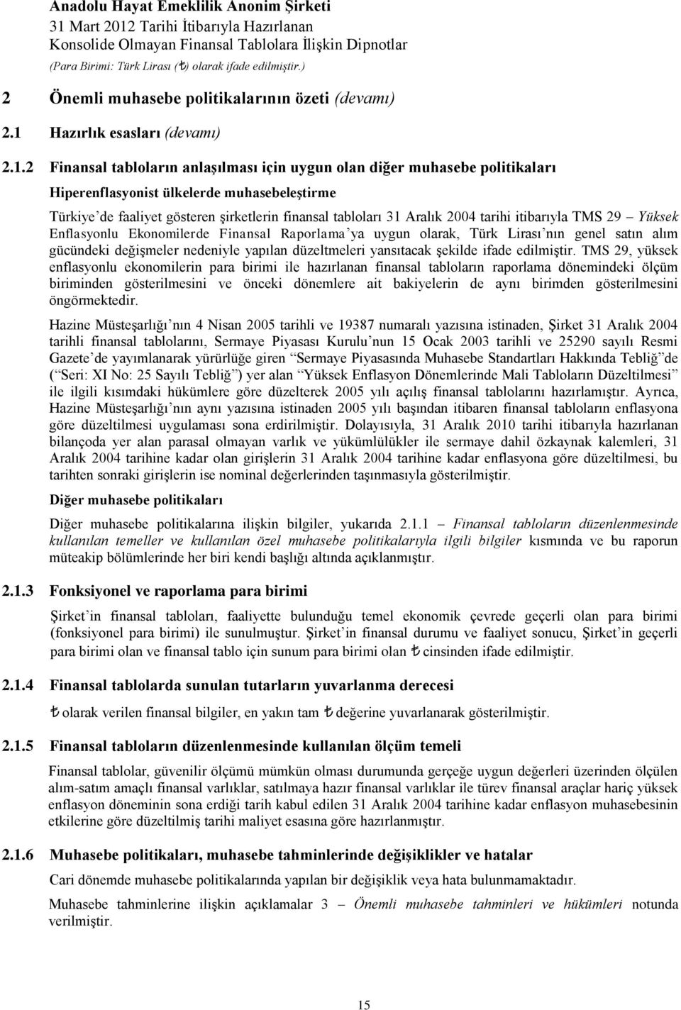 2 Finansal tabloların anlaşılması için uygun olan diğer muhasebe politikaları Hiperenflasyonist ülkelerde muhasebeleştirme Türkiye de faaliyet gösteren şirketlerin finansal tabloları 31 Aralık 2004