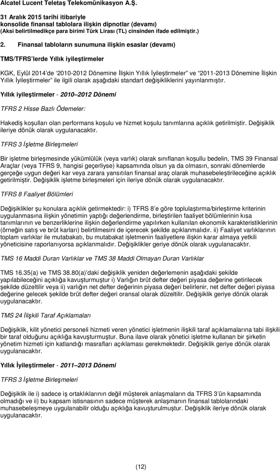 Yıllık iyileştirmeler - 2010 2012 Dönemi TFRS 2 Hisse Bazlı Ödemeler: Hakediş koşulları olan performans koşulu ve hizmet koşulu tanımlarına açıklık getirilmiştir.