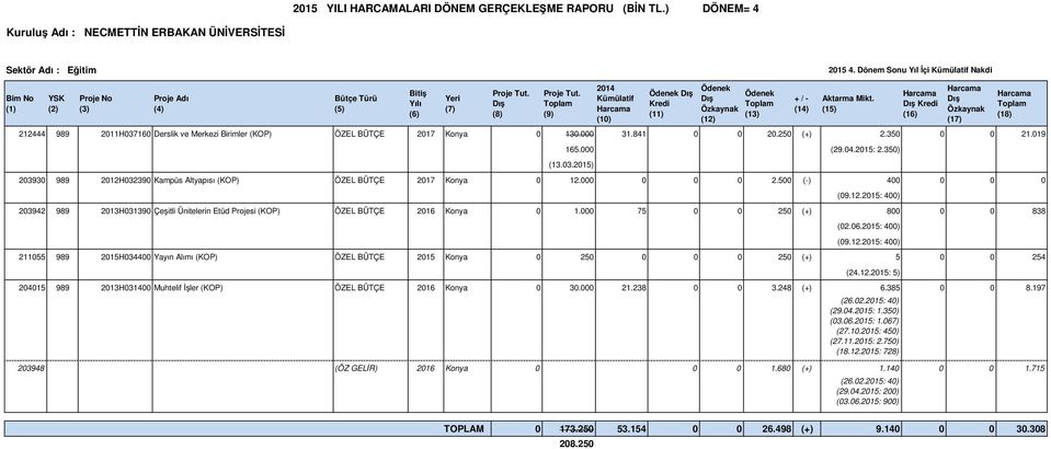 (9) 2014 Kümülatif (10) Ödenek Kredi (11) Ödenek Özkaynak (12) Ödenek (13) + / - (14) Aktarma Mikt. (15) 212444 989 2011H037160 Derslik ve Merkezi Birimler (KOP) ÖZEL BÜTÇE 2017 Konya 0 130.000 31.