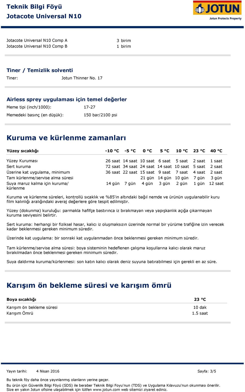 Yüzey Kuruması Sert kuruma Tam kürlenme/servise alma süresi 26 saat 14 saat 10 saat 6 saat 5 saat 2 saat 1 saat 72 saat 34 saat 24 saat 14 saat 10 saat 5 saat 2 saat Üzerine kat uygulama, minimum 36