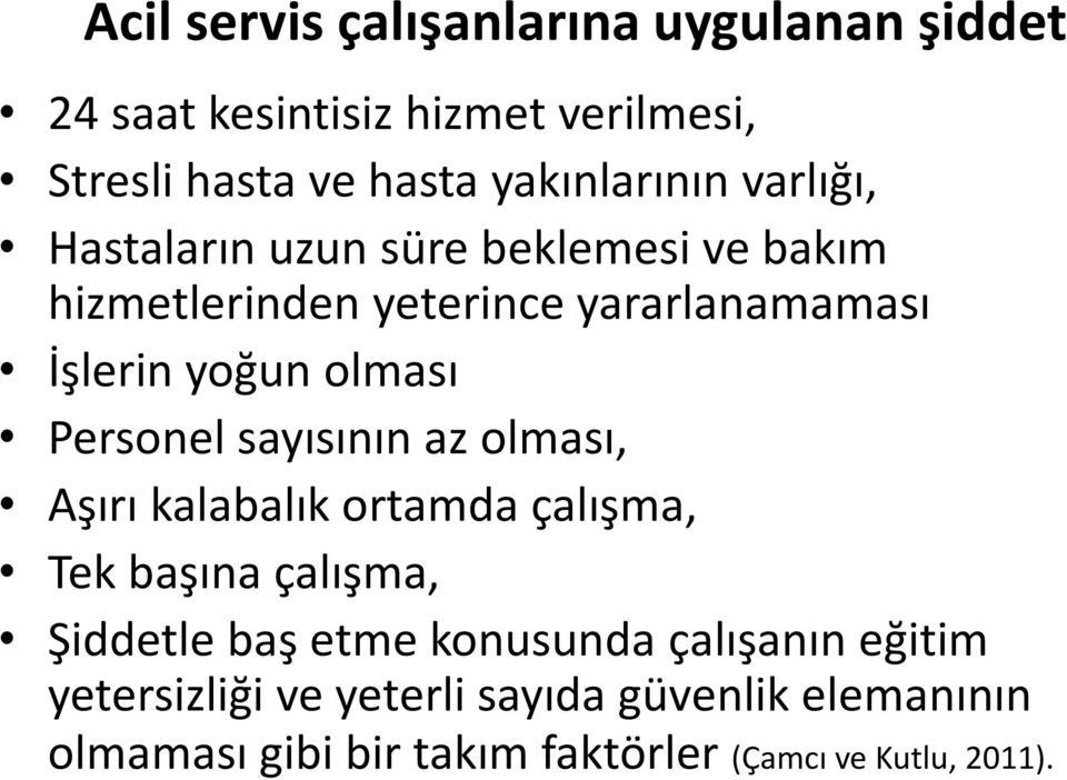 Personel sayısının az olması, Aşırı kalabalık ortamda çalışma, Tek başına çalışma, Şiddetle baş etme konusunda