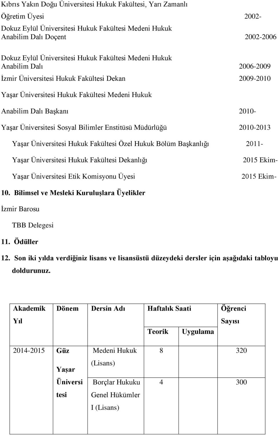 Fakültesi Özel Hukuk Bölüm Başkanlığı 2011- tesi Hukuk Fakültesi Dekanlığı tesi Etik Komisyonu Üyesi 2015 Ekim- 2015 Ekim- 10. Bilimsel ve Mesleki Kuruluşlara Üyelikler İzmir Barosu TBB Delegesi 11.