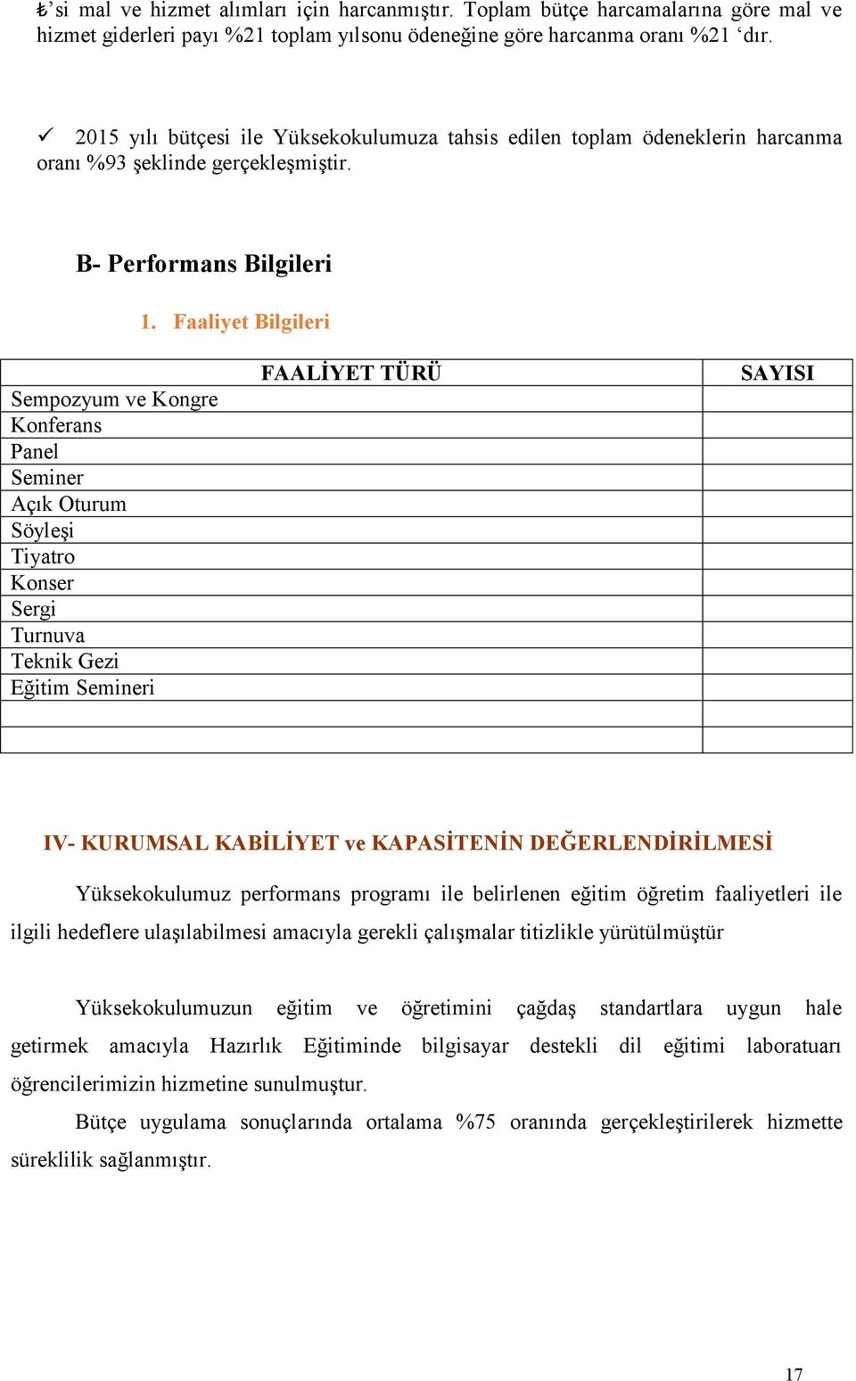 Faaliyet Bilgileri Sempozyum ve Kongre Konferans Panel Seminer Açık Oturum Söyleşi Tiyatro Konser Sergi Turnuva Teknik Gezi Eğitim Semineri FAALİYET TÜRÜ SAYISI IV- KURUMSAL KABİLİYET ve KAPASİTENİN