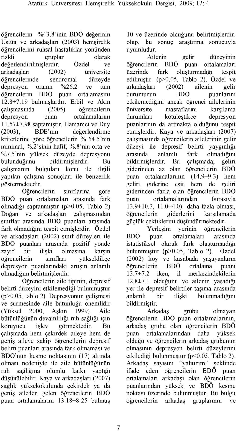 Erbil ve Akın çalışmasında (2005) öğrencilerin depresyon puan ortalamalarını 11.57±7.98 saptamıştır. Hamamcı ve Duy (2003), BDE nin değerlendirme kriterlerine göre öğrencilerin % 64.5 nin minimal, %.