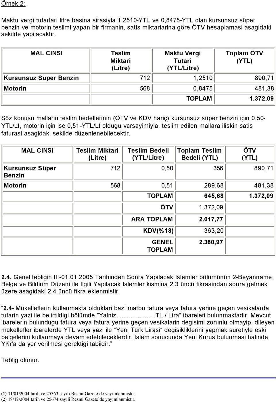 372,09 Söz konusu mallarin teslim bedellerinin (ÖTV ve KDV hariç) kursunsuz süper benzin için 0,50- YTL/Lt, motorin için ise 0,51-YTL/Lt oldugu varsayimiyla, teslim edilen mallara iliskin satis