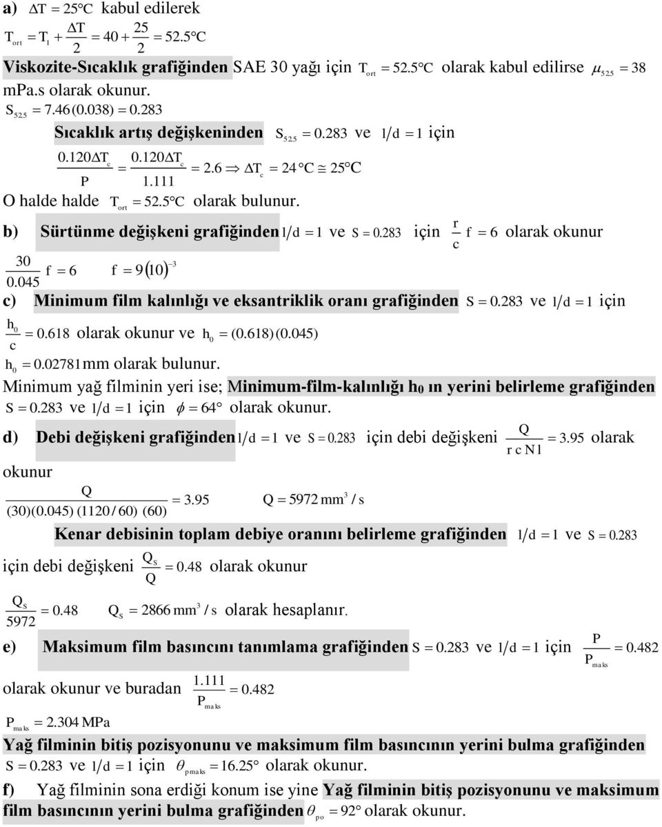 8 olaak okunu l d 5 8 Minimum yağ ilminin yei ise; Minimum-ilm-kalınlığı h0 ın yeini belileme gaiğinden olaak okunu. 0.8 l d 4 d) Debi değişkeni gaiğinden l d okunu Q (0)(0.045) (0 / 0).95 (0) 0.