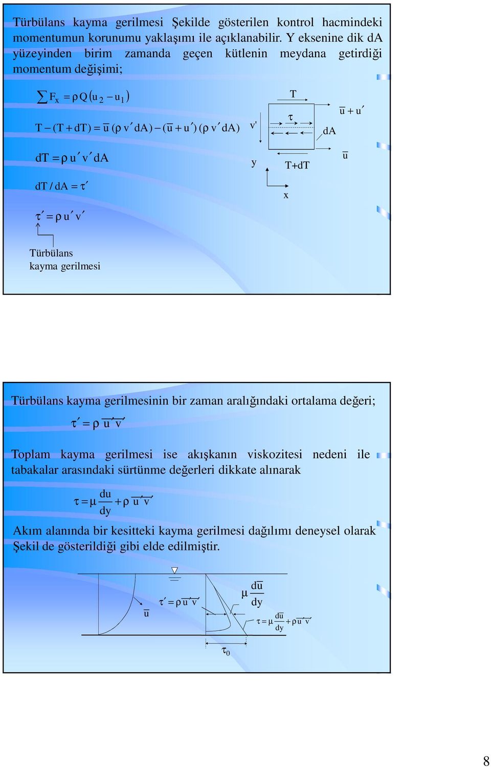 T+dT dt / da = τ x τ = ρ v Türbülans kayma gerilmesi Türbülans kayma gerilmesinin bir zaman aralığındaki ortalama değeri; τ = ρ v Toplam kayma gerilmesi ise akışkanın