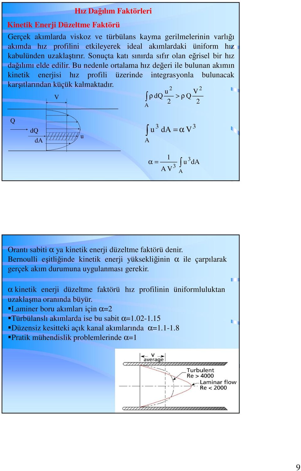B nedenle ortalama hız değeri ile blnan akımın kinetik enerjisi hız profili üzerinde integrasyonla blnacak karşıtlarından küçük kalmaktadır.