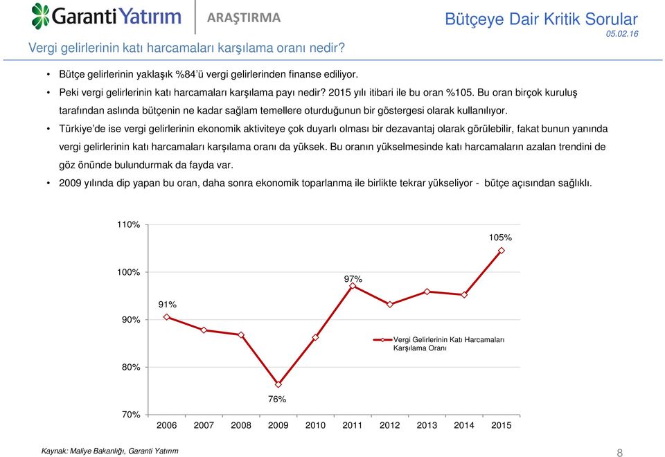 Türkiye de ise vergi gelirlerinin ekonomik aktiviteye çok duyarlı olması bir dezavantaj olarak görülebilir, fakat bunun yanında vergi gelirlerinin katı harcamaları karşılama oranı da yüksek.