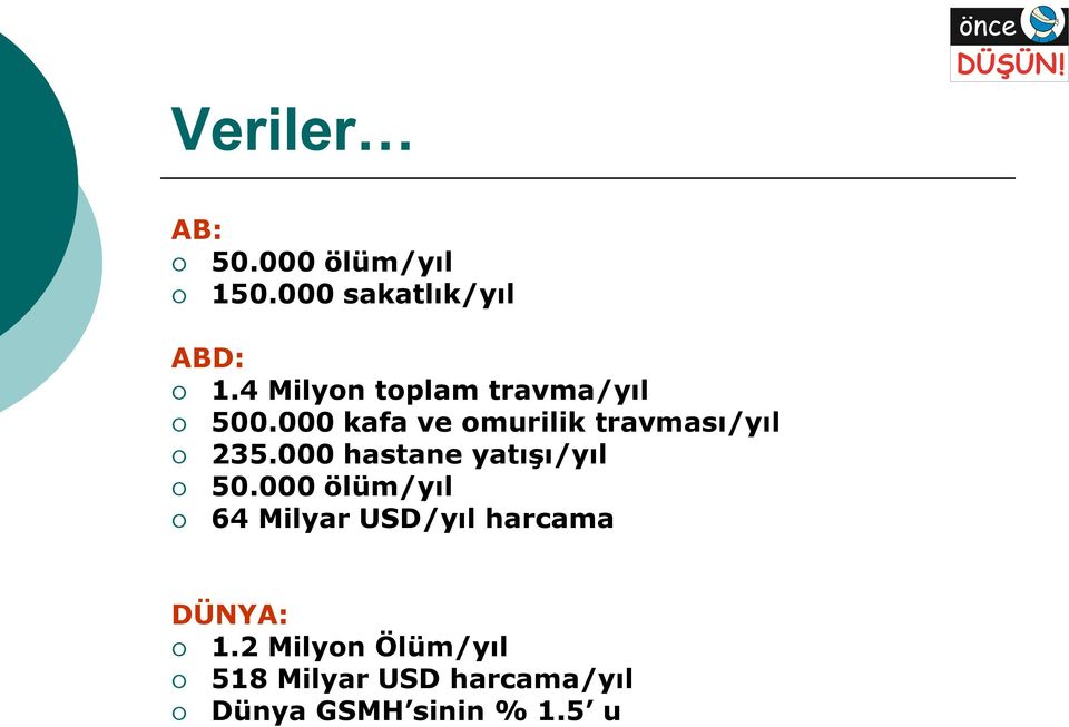 000 kafa ve omurilik travması/yıl 235.000 hastane yatışı/yıl 50.