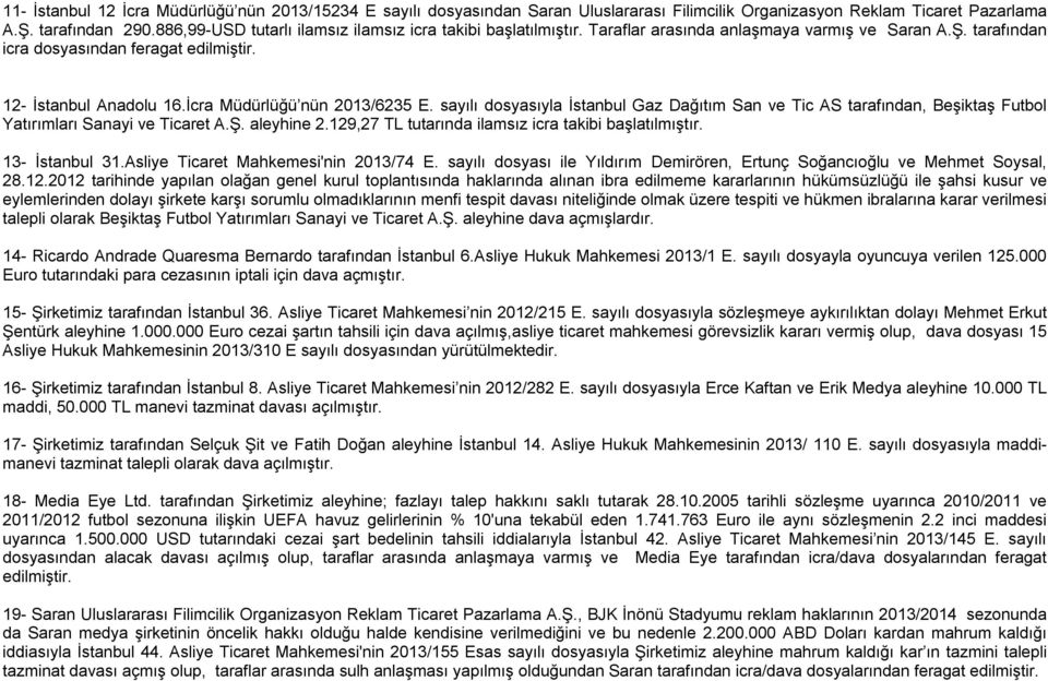 İcra Müdürlüğü nün 2013/6235 E. sayılı dosyasıyla İstanbul Gaz Dağıtım San ve Tic AS tarafından, Beşiktaş Futbol Yatırımları Sanayi ve Ticaret A.Ş. aleyhine 2.