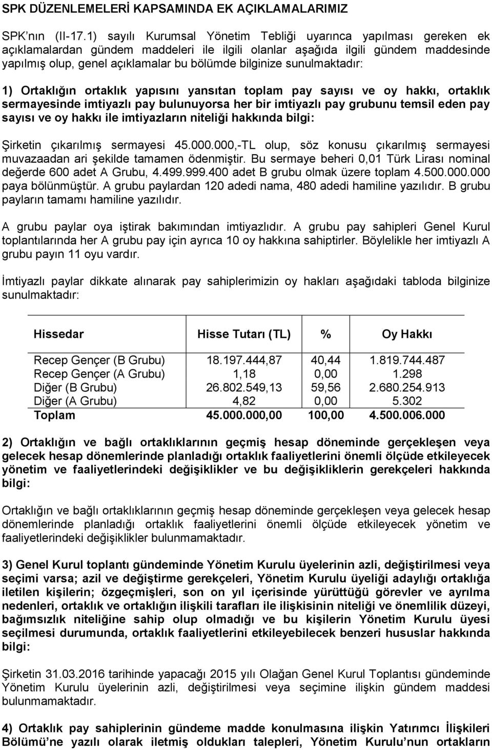 bilginize sunulmaktadır: 1) Ortaklığın ortaklık yapısını yansıtan toplam pay sayısı ve oy hakkı, ortaklık sermayesinde imtiyazlı pay bulunuyorsa her bir imtiyazlı pay grubunu temsil eden pay sayısı