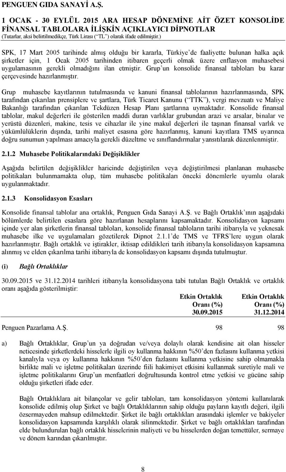 Grup muhasebe kayıtlarının tutulmasında ve kanuni finansal tablolarının hazırlanmasında, SPK tarafından çıkarılan prensiplere ve şartlara, Türk Ticaret Kanunu ( TTK ), vergi mevzuatı ve Maliye