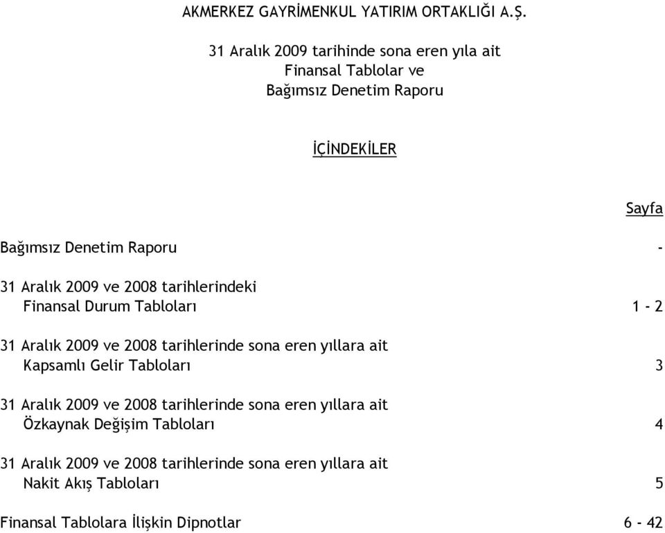 Aralık 2009 ve 2008 tarihlerindeki Finansal Durum Tabloları 1-2