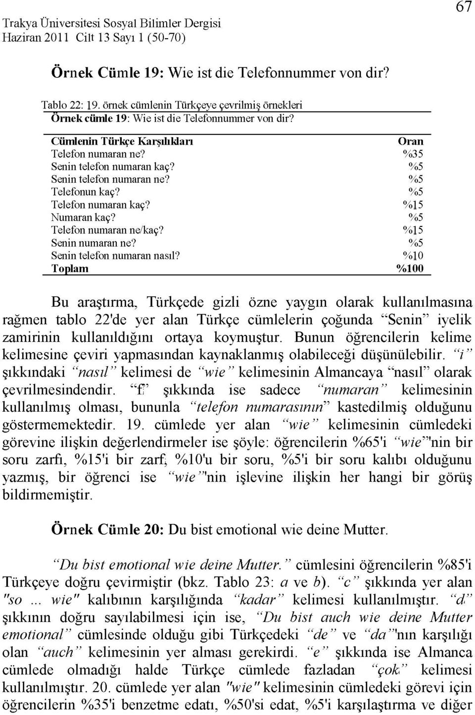 %10 Bu araştırma, Türkçede gizli özne yaygın olarak kullanılmasına rağmen tablo 22'de yer alan Türkçe cümlelerin çoğunda "Senin" iyelik zamirinin kullanıldığını ortaya koymuştur.