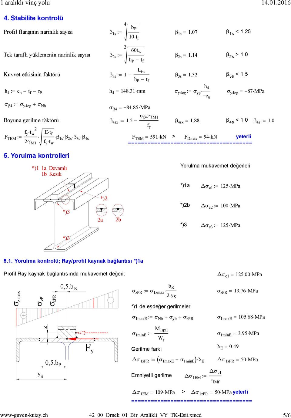 85MPa σ β4 γ M1 ouna gerilme faktörü β 4sx 1.5 β 4sx 1.88 β 4s < 1,0 β 4s 1.0 f t w Et f TEM β 1s β s β 3s β 4s TEM 591kN > Dmax 94kN γ M1 f t w = f 5.