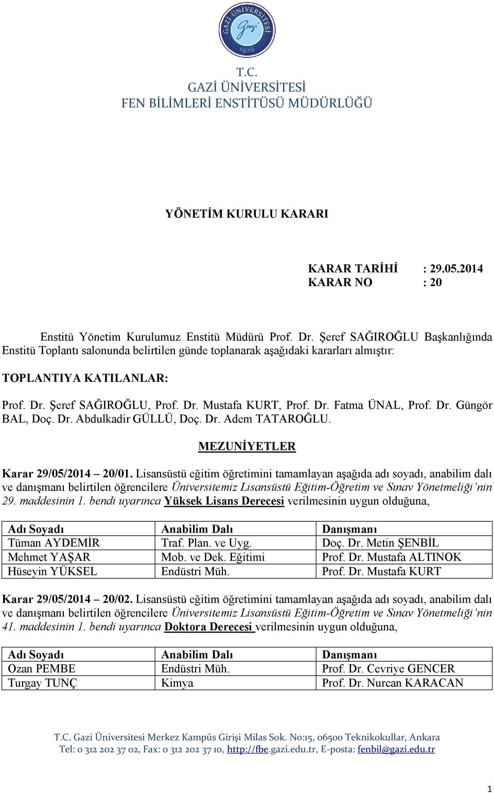 Dr. Güngör BAL, Doç. Dr. Abdulkadir GÜLLÜ, Doç. Dr. Adem TATAROĞLU. MEZUNİYETLER Karar 29/05/2014 20/01.