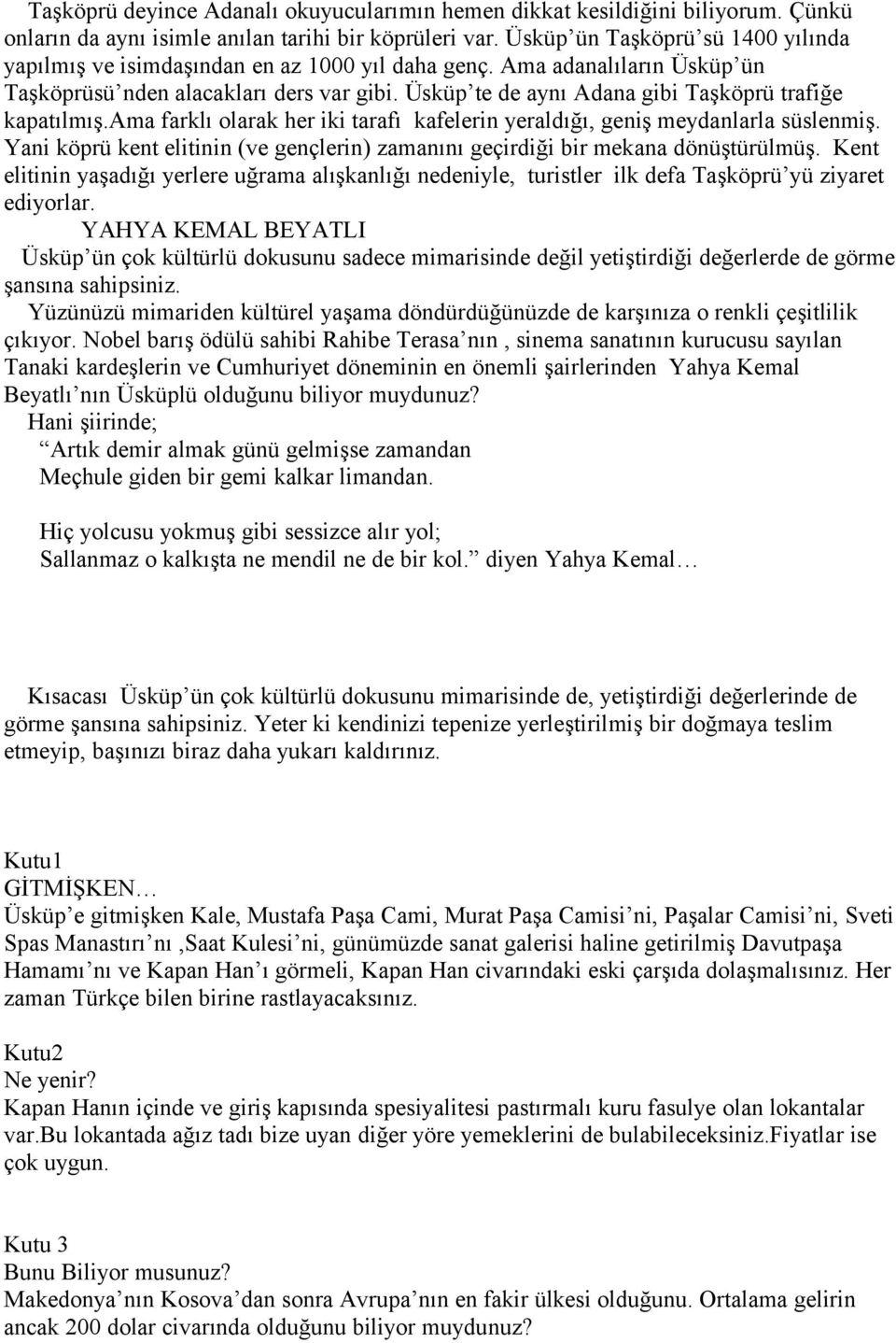 Üsküp te de aynı Adana gibi Taşköprü trafiğe kapatılmış.ama farklı olarak her iki tarafı kafelerin yeraldığı, geniş meydanlarla süslenmiş.