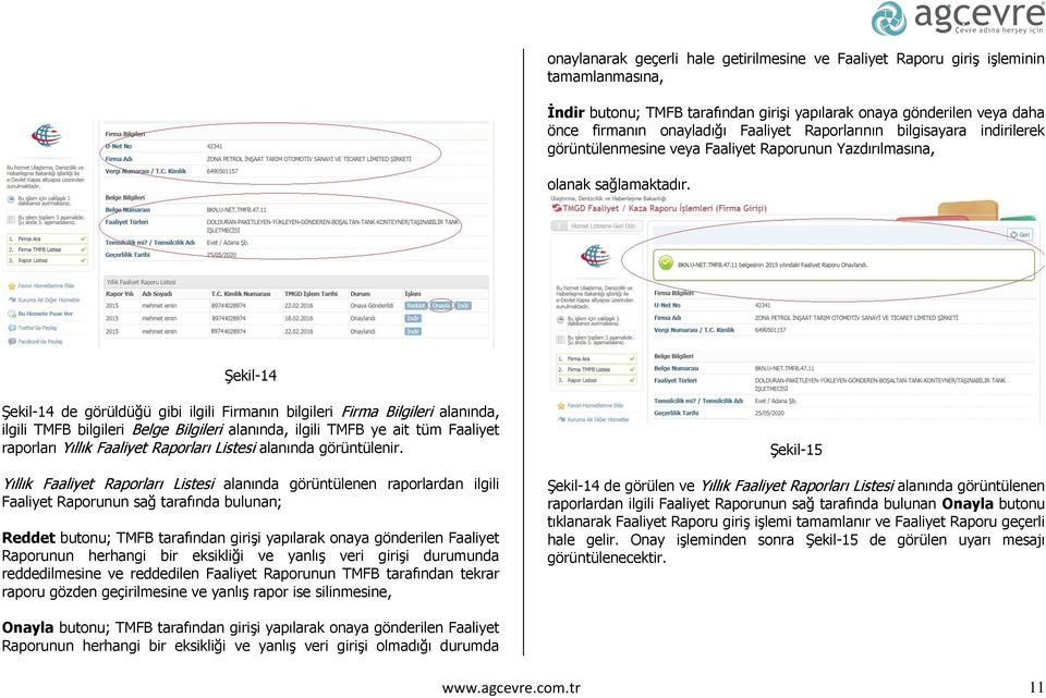 Şekil-14 Şekil-14 de görüldüğü gibi ilgili Firmanın bilgileri Firma Bilgileri alanında, ilgili TMFB bilgileri Belge Bilgileri alanında, ilgili TMFB ye ait tüm Faaliyet raporları Yıllık Faaliyet