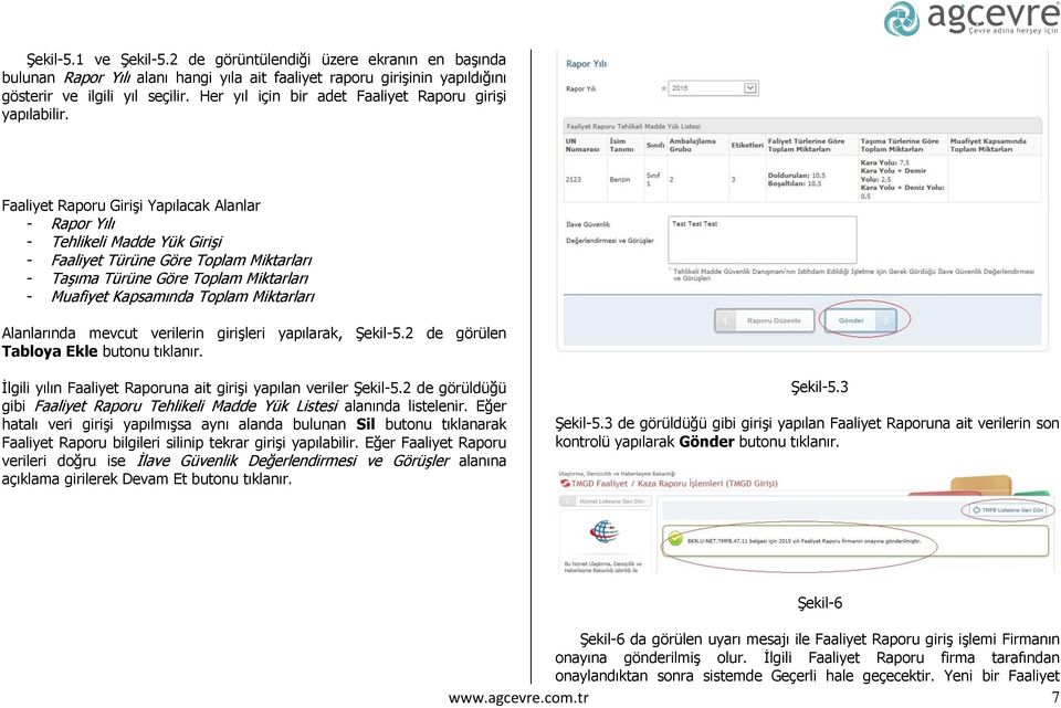 Faaliyet Raporu Girişi Yapılacak Alanlar - Rapor Yılı - Tehlikeli Madde Yük Girişi - Faaliyet Türüne Göre Toplam Miktarları - Taşıma Türüne Göre Toplam Miktarları - Muafiyet Kapsamında Toplam