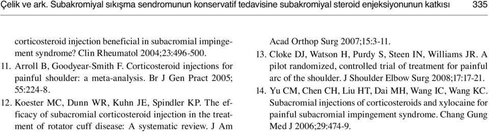 Koester MC, Dunn WR, Kuhn JE, Spindler KP. The efficacy of subacromial corticosteroid injection in the treatment of rotator cuff disease: A systematic review. J Am Acad Orthop Surg 2007;15:3-11. 13.