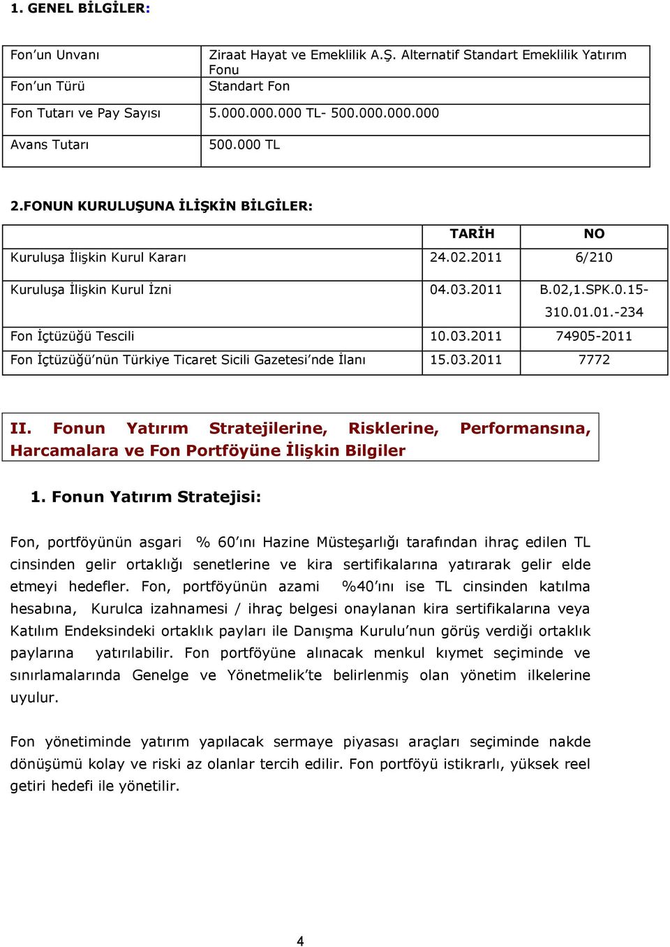 2011 B.02,1.SPK.0.15-310.01.01.-234 Fon İçtüzüğü Tescili 10.03.2011 74905-2011 Fon İçtüzüğü nün Türkiye Ticaret Sicili Gazetesi nde İlanı 15.03.2011 7772 II.