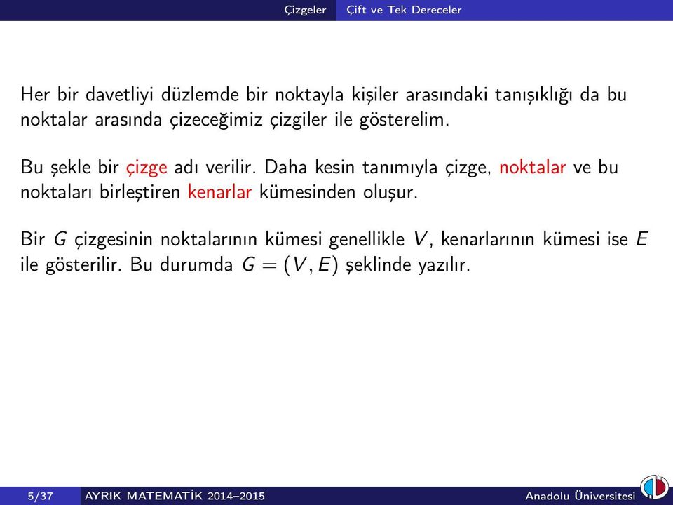 Daha kesin tanımıyla çizge, noktalar ve bu noktaları birleştiren kenarlar kümesinden oluşur.