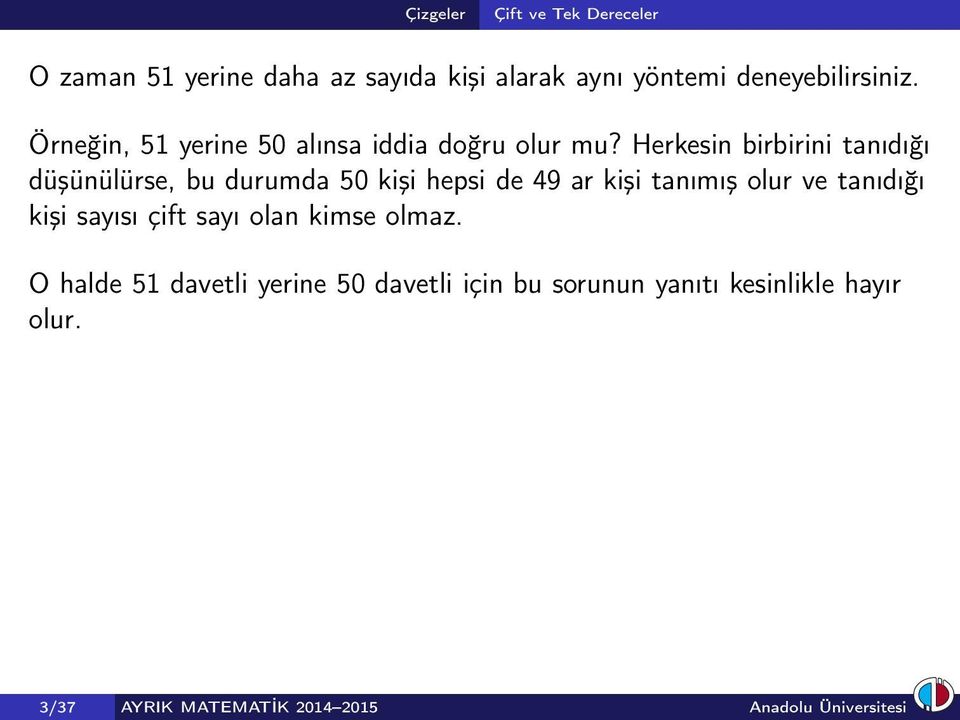 Herkesin birbirini tanıdığı düşünülürse, bu durumda 50 kişi hepsi de 49 ar kişi tanımış olur ve tanıdığı