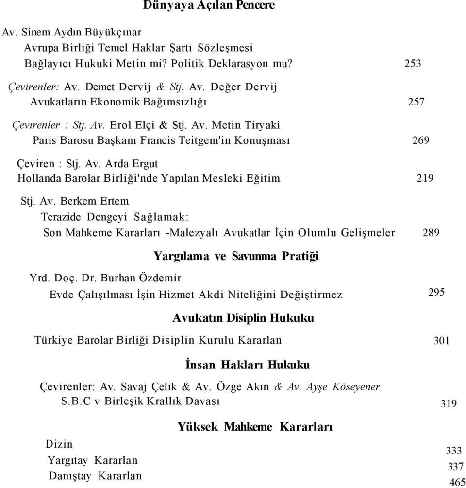 Doç. Dr. Burhan Özdemir Evde Çalışılması İşin Hizmet Akdi Niteliğini Değiştirmez 295 Avukatın Disiplin Hukuku Türkiye Barolar Birliği Disiplin Kurulu Kararlan 301 İnsan Hakları Hukuku Çevirenler: Av.