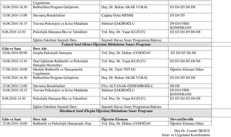 Yaşar KUZUCU D2 D3 D4 D5 D6 D8 Eğitim Fakültesi Seçmeli Ders Üçüncü Sınıf (İkinci Öğretim) Bütünleme Sınavı Programı Gün ve Saat Ders Adı 10.06.2016 09.00 Grupla Psikolojik Danışma Yrd. Doç. Dr.