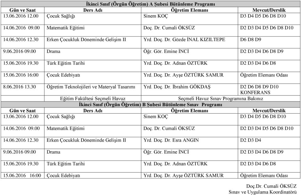 06.2016 16:00 Çocuk Edebiyatı Yrd. Doç. Dr. Ayşe ÖZTÜRK SAMUR Öğretim Elemanı 8.06.2016 13.30 Öğretim Teknolojileri ve Materyal Tasarımı Yrd. Doç. Dr. İbrahim GÖKDAŞ D2 D6 D8 D9 D10 KONFERANS Eğitim Fakültesi Seçmeli Havuz İkinci Sınıf (Örgün Öğretim) B Şubesi Bütünleme Sınav Programı 13.