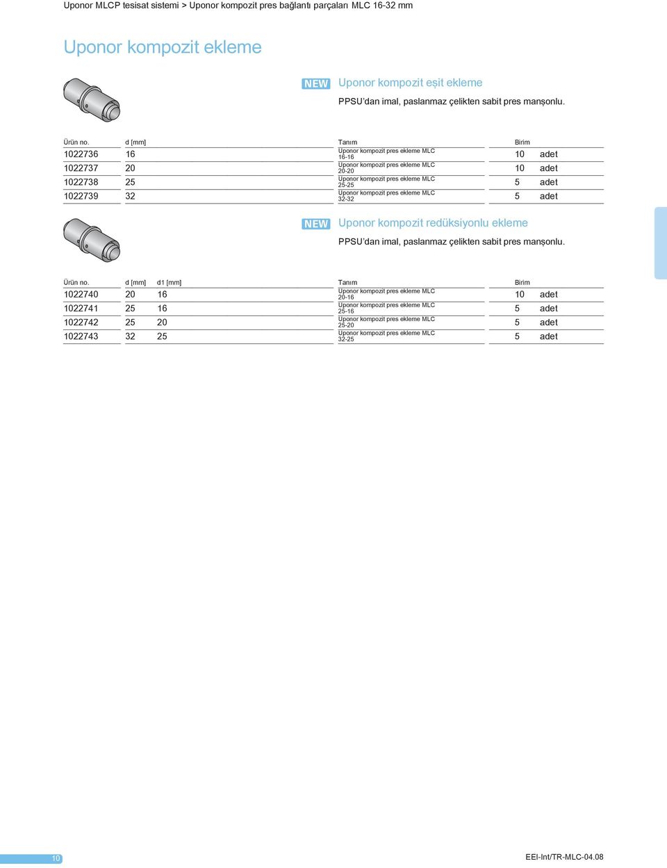 1022736 16 Uponor kompozit pres ekleme MLC 16-16 1022737 20 Uponor kompozit pres ekleme MLC 20-20 1022738 25 Uponor kompozit pres ekleme MLC 25-25 1022739 32 Uponor kompozit pres ekleme