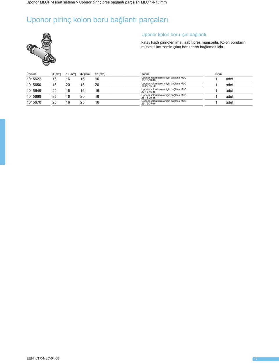 d [mm] d1 [mm] d2 [mm] d3 [mm] Tanım Birim 1015622 16 16 16 16 Uponor kolon borular için bağlantı MLC 16-16-16-16 1015650 16 20 16 20 Uponor kolon borular için bağlantı MLC