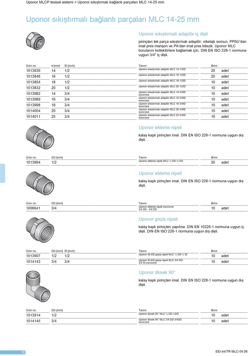 d [mm] İD [inch] Tanım Birim 1013839 14 1/2 Uponor sıkıştırmalı adaptör MLC 14-1/2İD 20 adet 1013846 16 1/2 Uponor sıkıştırmalı adaptör MLC 16-1/2İD 20 adet 1013854 18 1/2 Uponor sıkıştırmalı adaptör