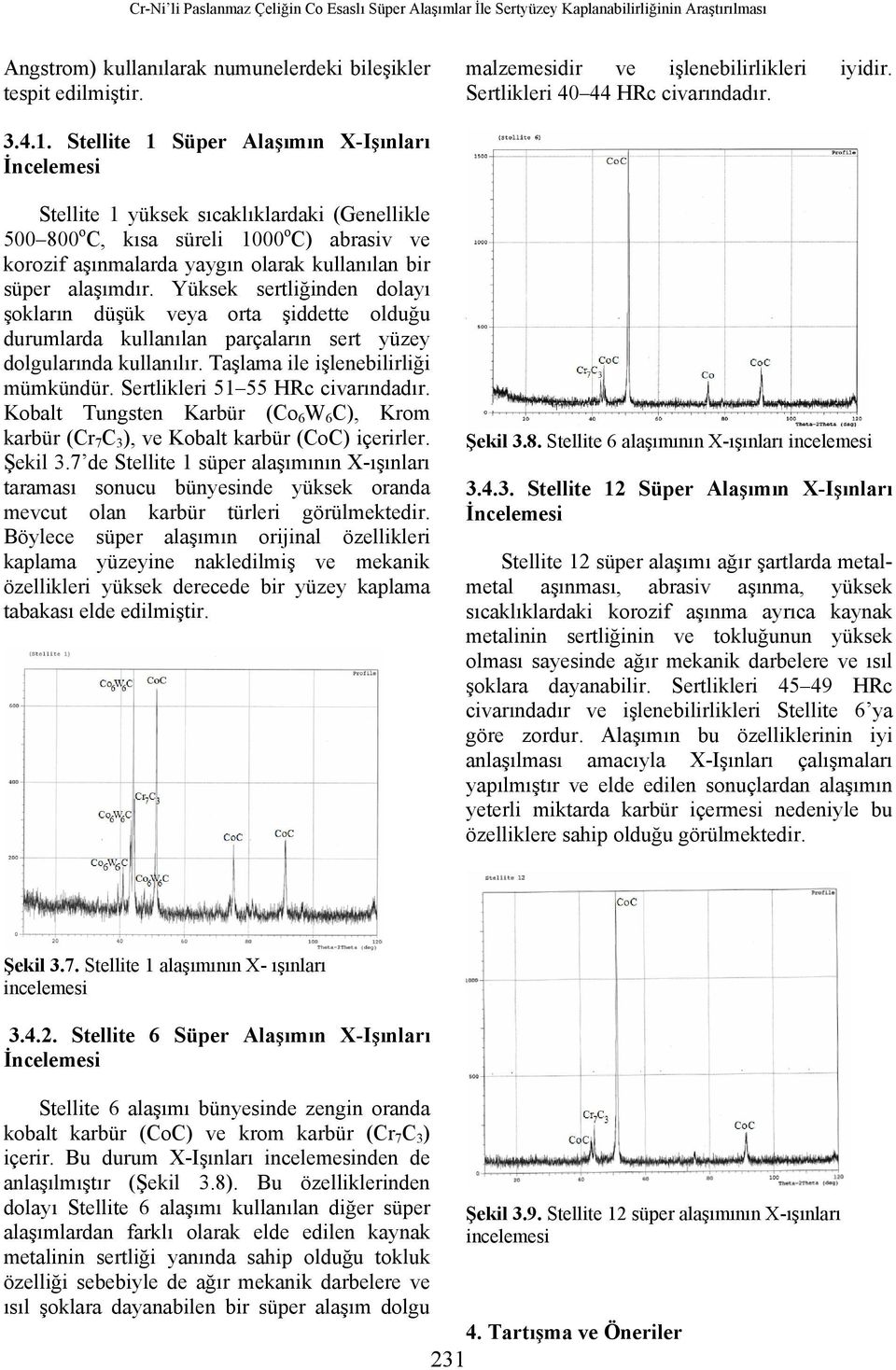 Stellite 1 Süper Alaşımın X-Işınları İncelemesi Stellite 1 yüksek sıcaklıklardaki (Genellikle 500 800 o C, kısa süreli 1000 o C) abrasiv ve korozif aşınmalarda yaygın olarak kullanılan bir süper