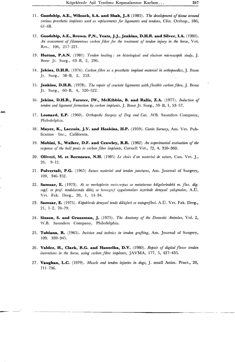 and Silver, I.A. (1980). An assessment of filamentous carbon fibre for the treatment of tendon injury in the horse, Vet. Res., 106, 217-221. 13. Hutton, P.A.N.