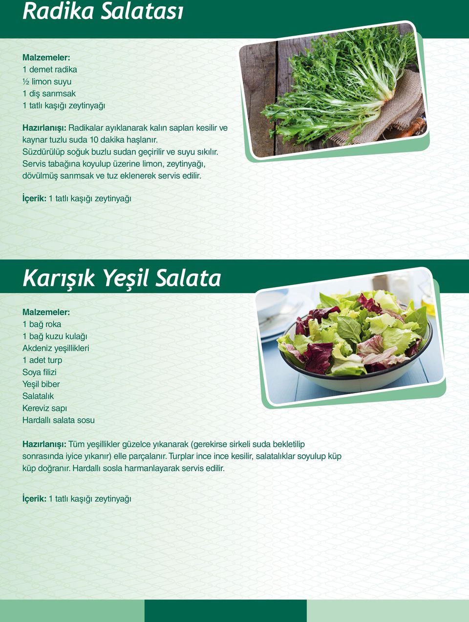 Karışık Yeşil Salata 1 bağ roka 1 bağ kuzu kulağı Akdeniz yeşillikleri 1 adet turp Soya filizi Yeşil biber Salatalık Kereviz sapı Hardallı salata sosu Hazırlanışı: Tüm