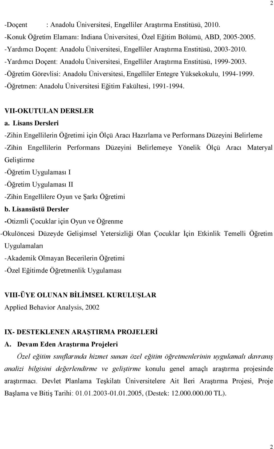 -Öğretim Görevlisi: Anadolu Üniversitesi, Engelliler Entegre Yüksekokulu, 1994-1999. -Öğretmen: Anadolu Üniversitesi Eğitim Fakültesi, 1991-1994. VII-OKUTULAN DERSLER a.