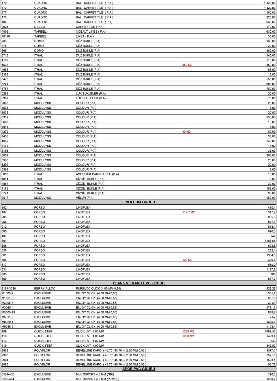 A) 360,00 315 DOMO DÜZ BUKLE (P.A) 20,00 668 DOMO DÜZ BUKLE (P.A) 300,00 3718 İTHAL DÜZ BUKLE (P.A) 345,00 4102 İTHAL DÜZ BUKLE (P.A) 110,00 4636 İTHAL DÜZ BUKLE (P.