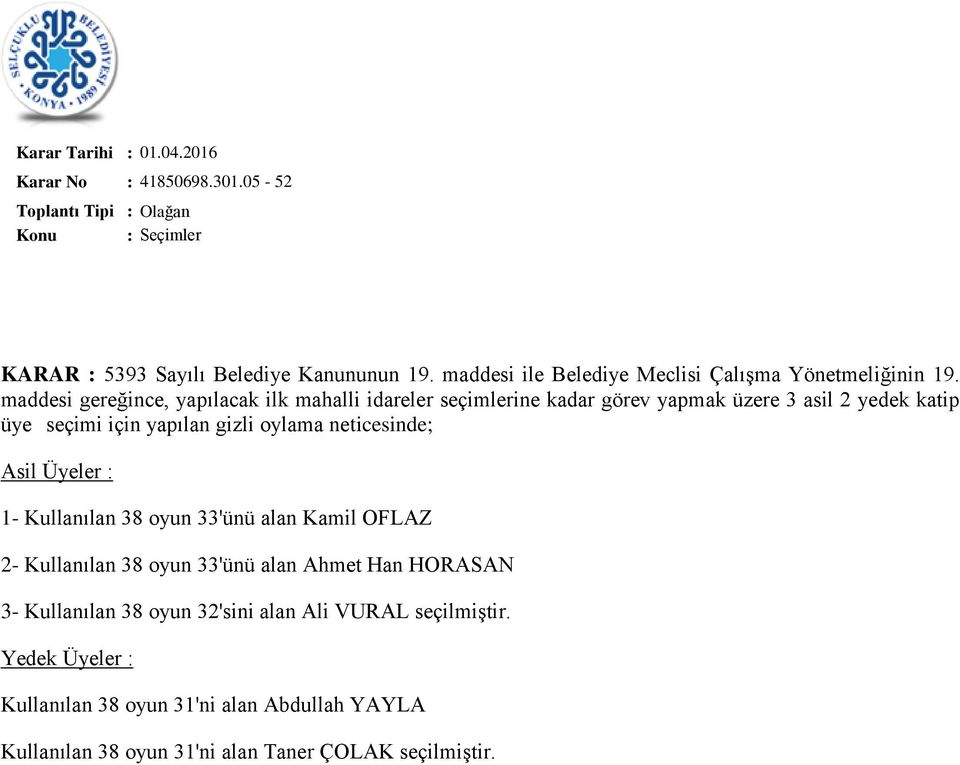 maddesi gereğince, yapılacak ilk mahalli idareler seçimlerine kadar görev yapmak üzere 3 asil 2 yedek katip üye seçimi için yapılan gizli oylama